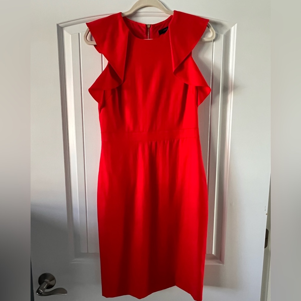 Red wool J. Crew flutter shoulder dress.  Size 2.